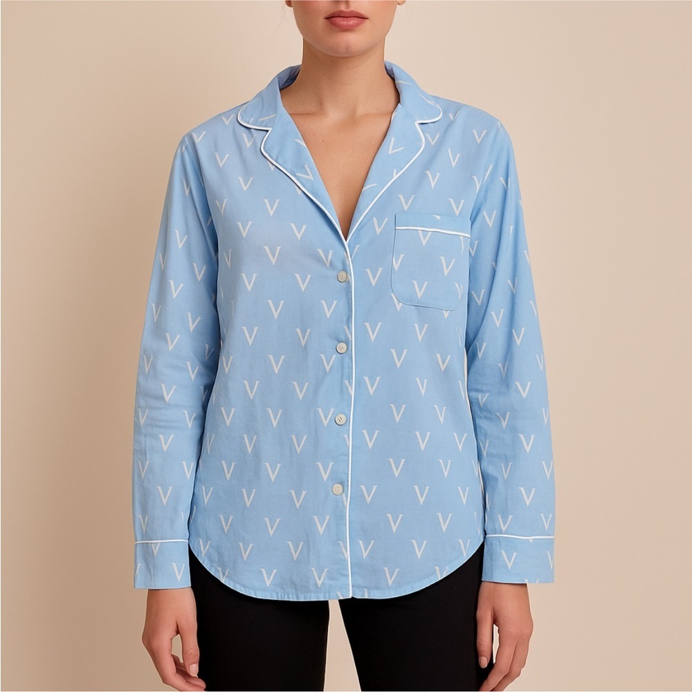 Victoria's Secret Blue Shirt with White Accents PJ Pajama Button-Down Top SZ: L